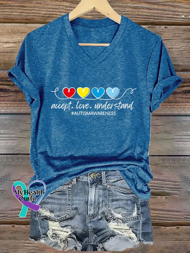 Accept Love Understand Autism Awareness V-neck Casual T-shirt Blue / S