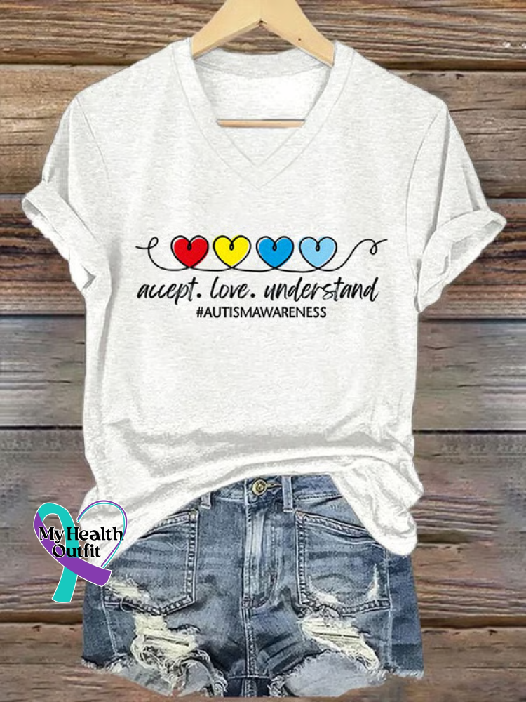 Accept Love Understand Autism Awareness V-neck Casual T-shirt White / S