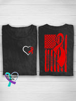 Aids Hiv Awareness Red Ribbon Flag Print Casual T-Shirt Black / S