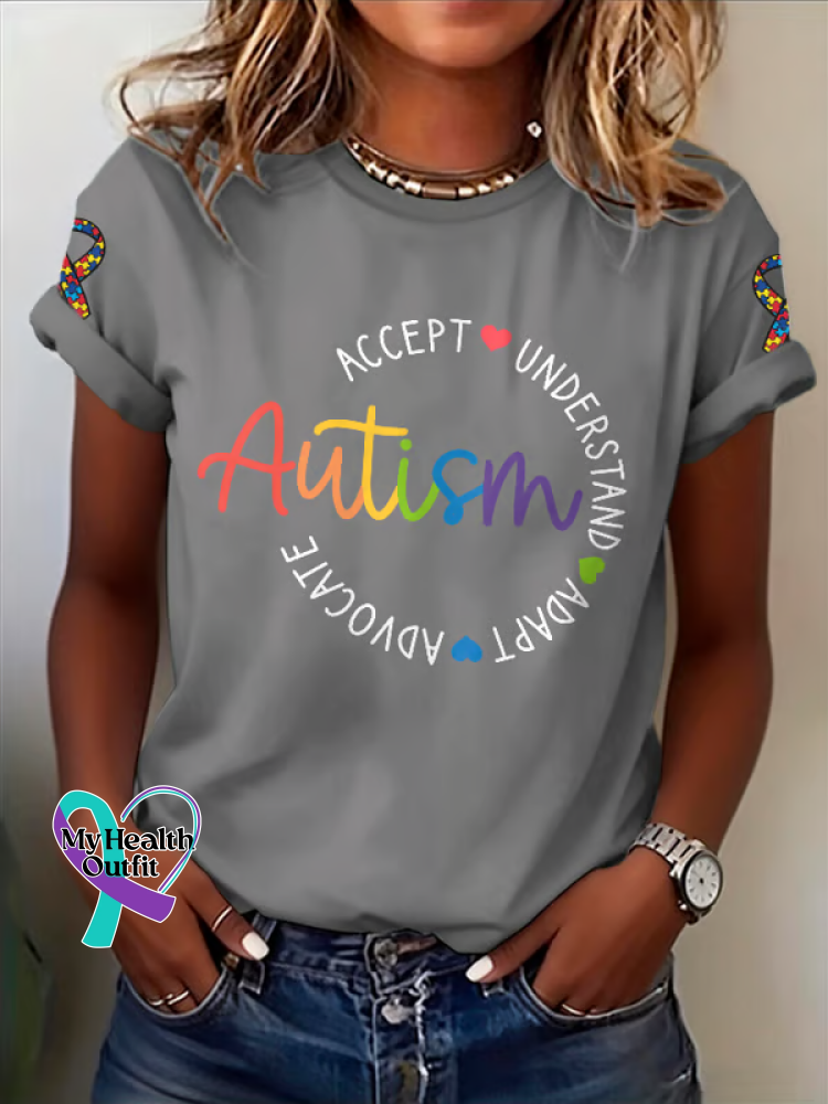 Autism Accept Understand Adapt Advocate Print T-shirt Grey / S