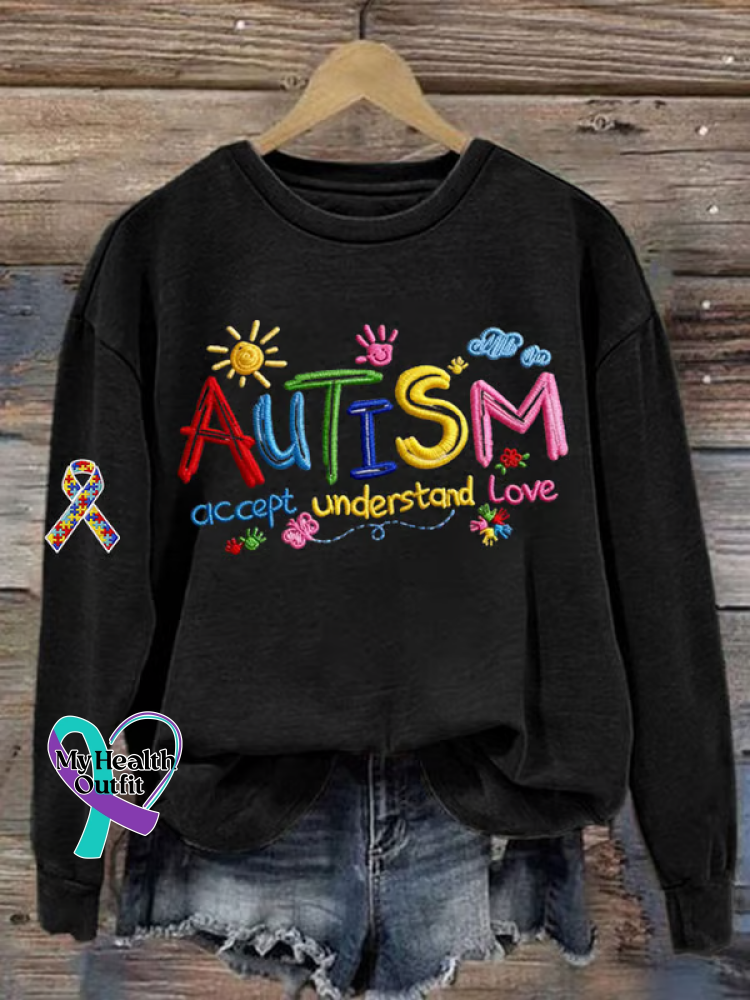Autism Accept Understand Love Print Casual Sweatshirt Black / S