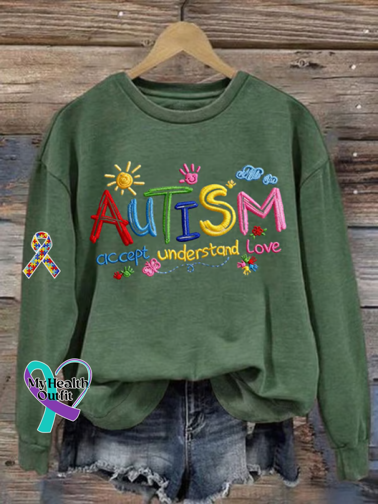 Autism Accept Understand Love Print Casual Sweatshirt Green / S