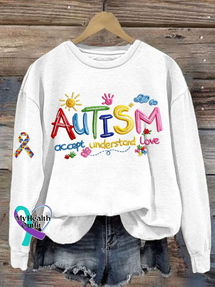 Autism Accept Understand Love Print Casual Sweatshirt White / S