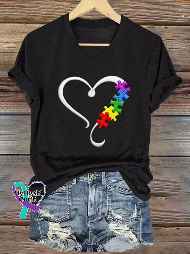 Autism Awareness Heart V-neck Casual T-shirt Black / S