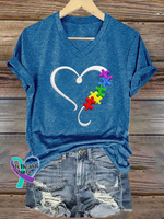 Autism Awareness Heart V-neck Casual T-shirt Blue / S