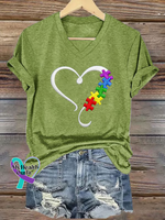 Autism Awareness Heart V-neck Casual T-shirt Green / S