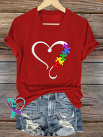 Autism Awareness Heart V-neck Casual T-shirt Red / S