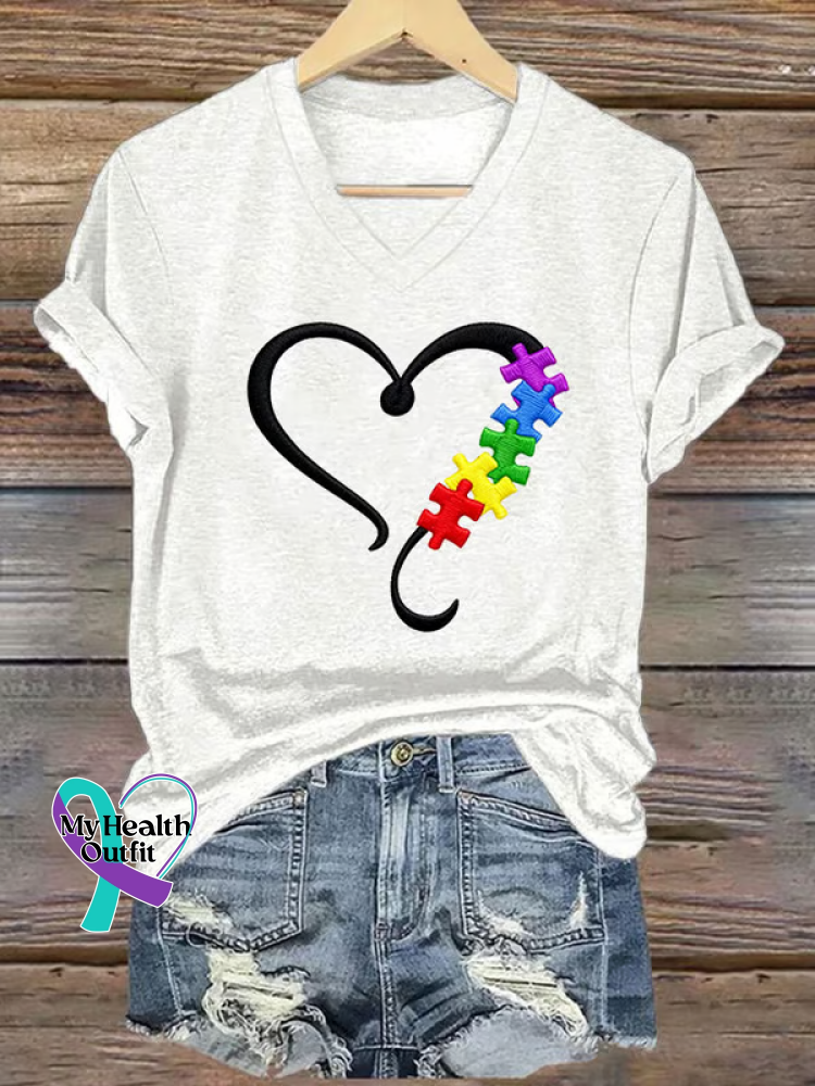 Autism Awareness Heart V-neck Casual T-shirt White / S