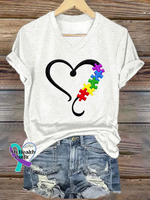 Autism Awareness Heart V-neck Casual T-shirt White / S