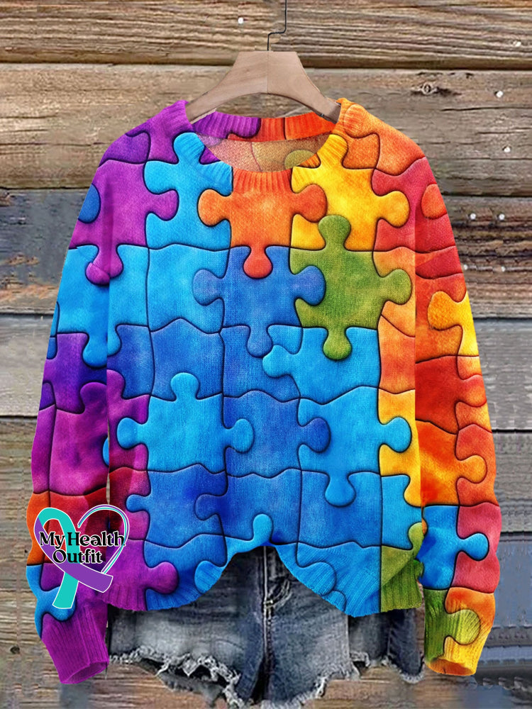 Autism Awareness Print Knit Pullover Sweater Multicolor / S