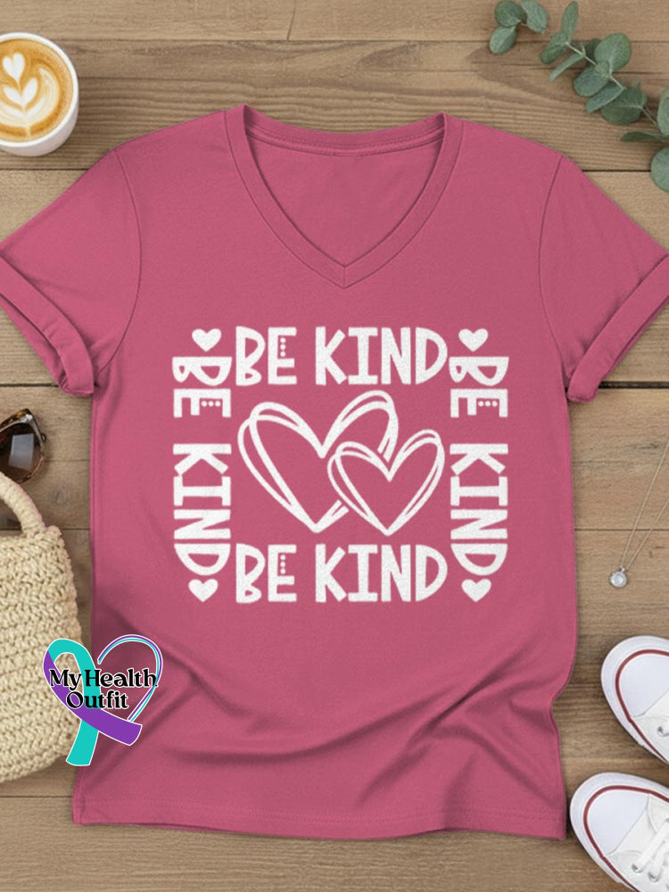 Be Kind Art V-neck Casual T-Shirt Pink / S
