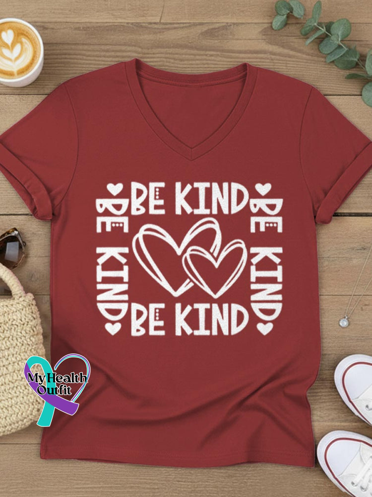 Be Kind Art V-neck Casual T-Shirt Red / S