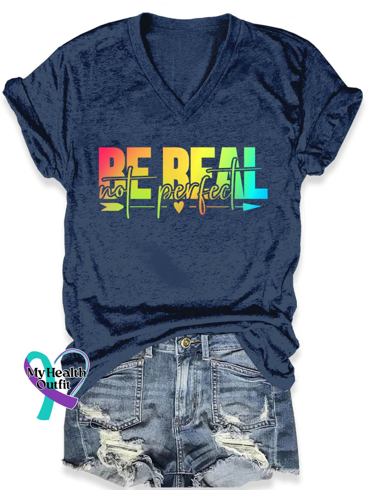 Be Real Not Perfect Art Print Casual T-Shirt Navy Blue / S
