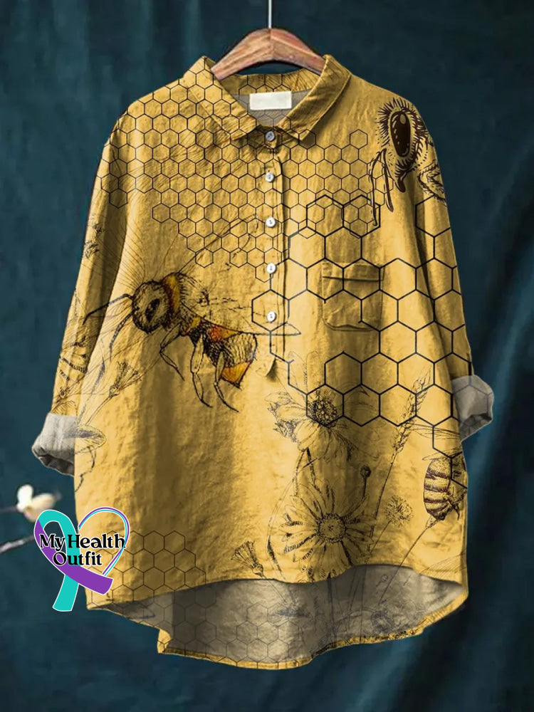 Bee Art Print Short-sleeved Shirt Yellow / S