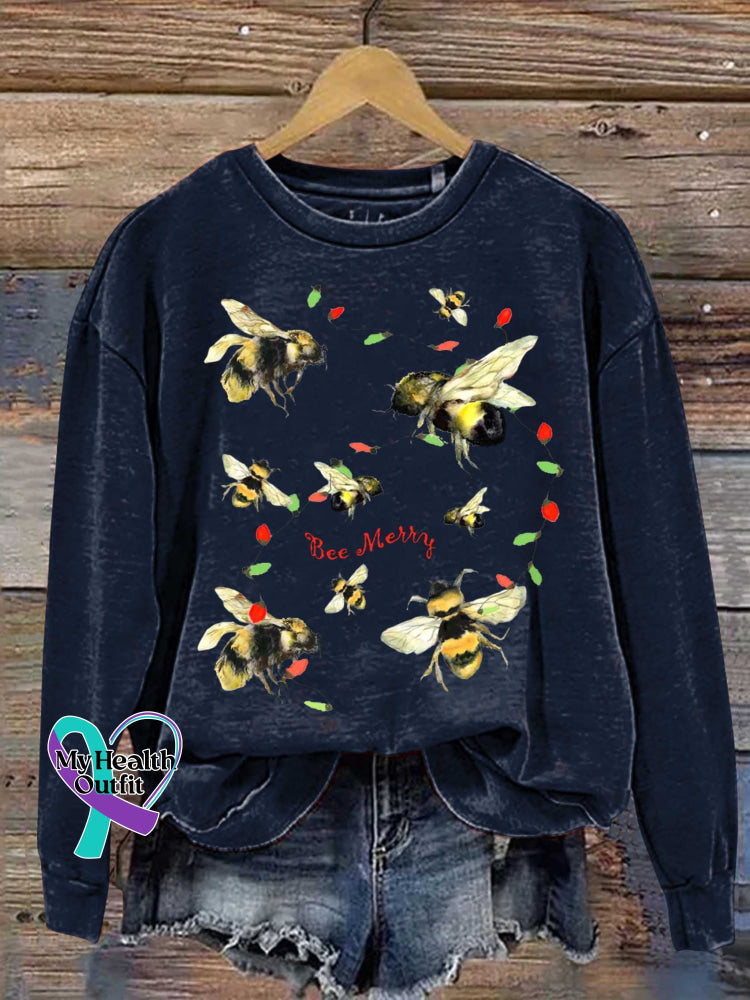 Bee Merry Christmas Print Casual Sweatshirt Blue / S