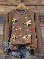 Bee Merry Christmas Print Casual Sweatshirt Brown / S