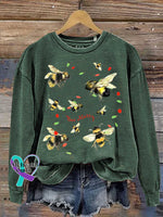 Bee Merry Christmas Print Casual Sweatshirt Green / S