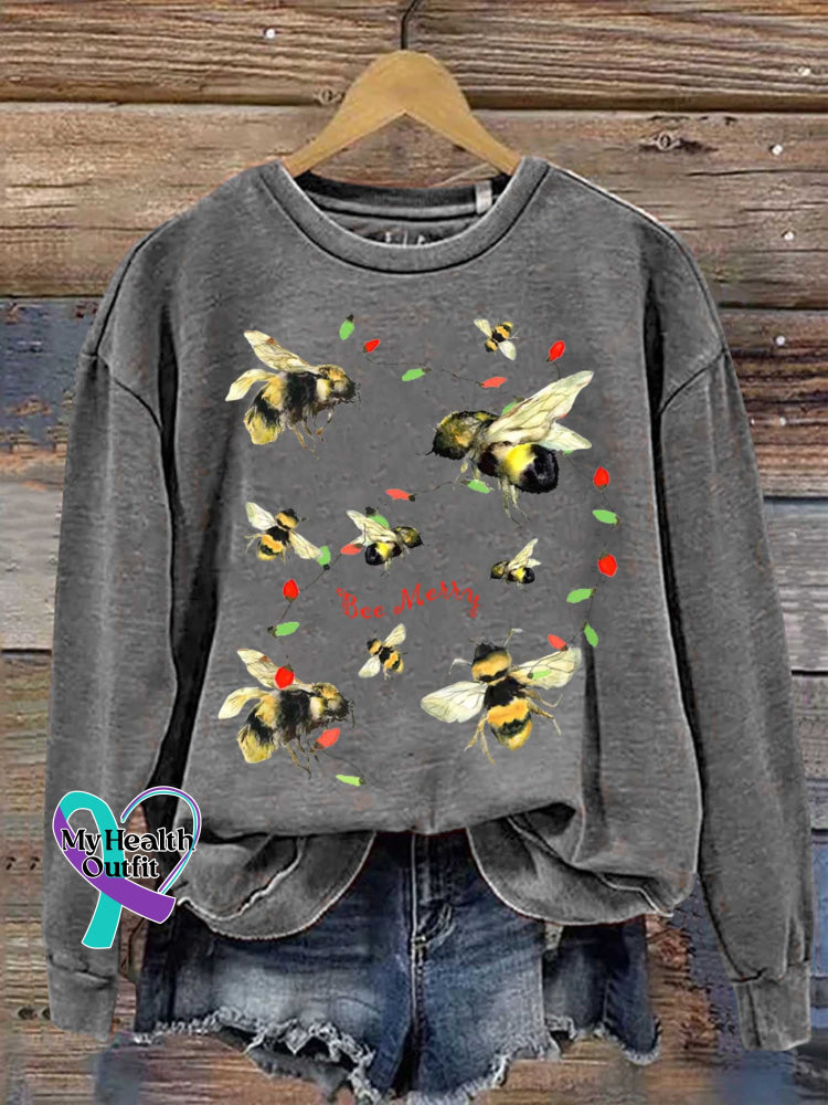 Bee Merry Christmas Print Casual Sweatshirt Grey / S