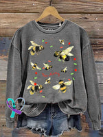 Bee Merry Christmas Print Casual Sweatshirt Grey / S