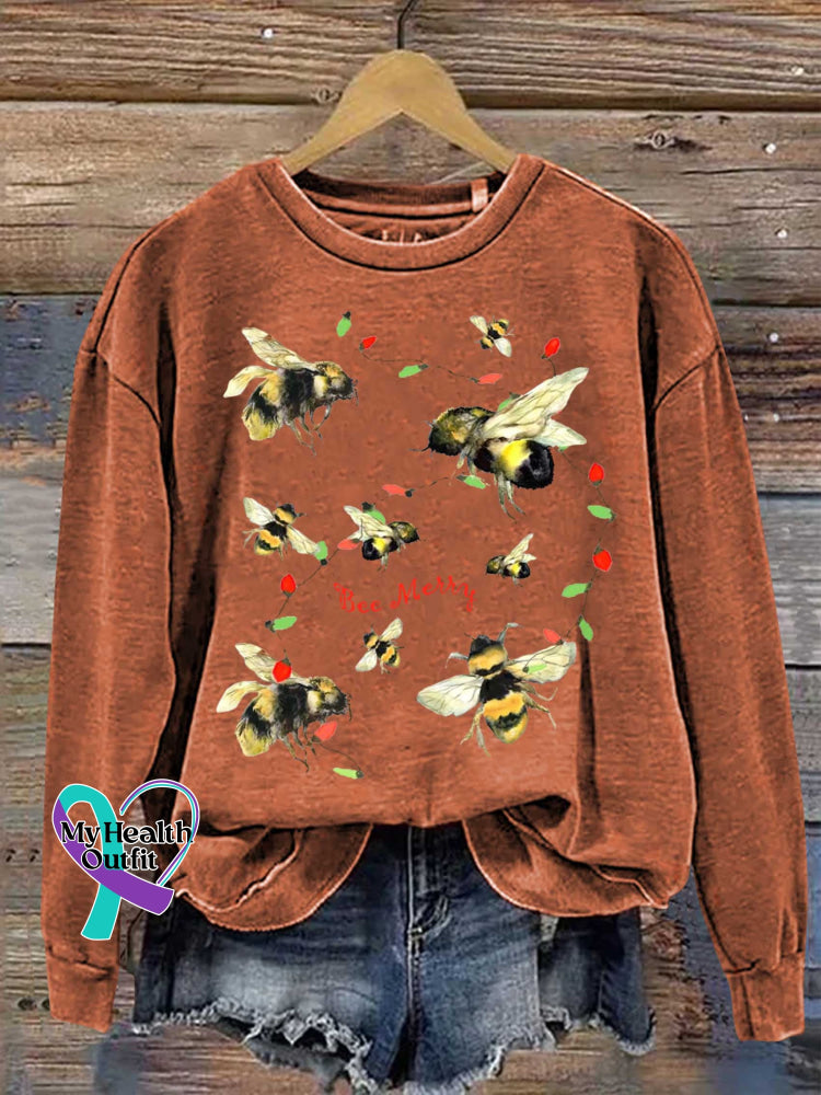 Bee Merry Christmas Print Casual Sweatshirt Orange / S