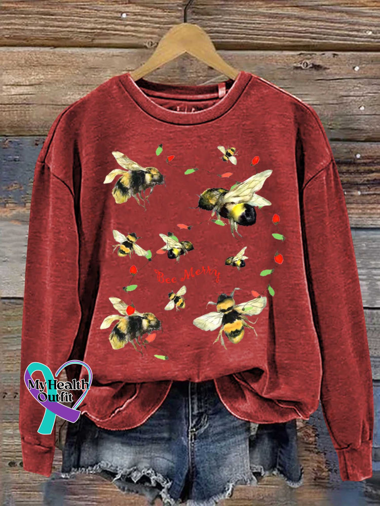 Bee Merry Christmas Print Casual Sweatshirt Red / S