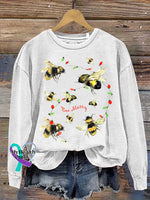 Bee Merry Christmas Print Casual Sweatshirt White / S