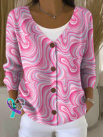 Women’s Pink Art Breast Cancer Awareness Vintage Casual Print Buttoned V-neck Cardigan Sweater Multicolor / S