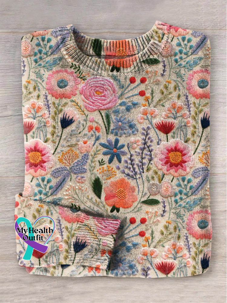 Breast Cancer Awareness Flora Art Print Knit Pullover Sweater Multicolor / S