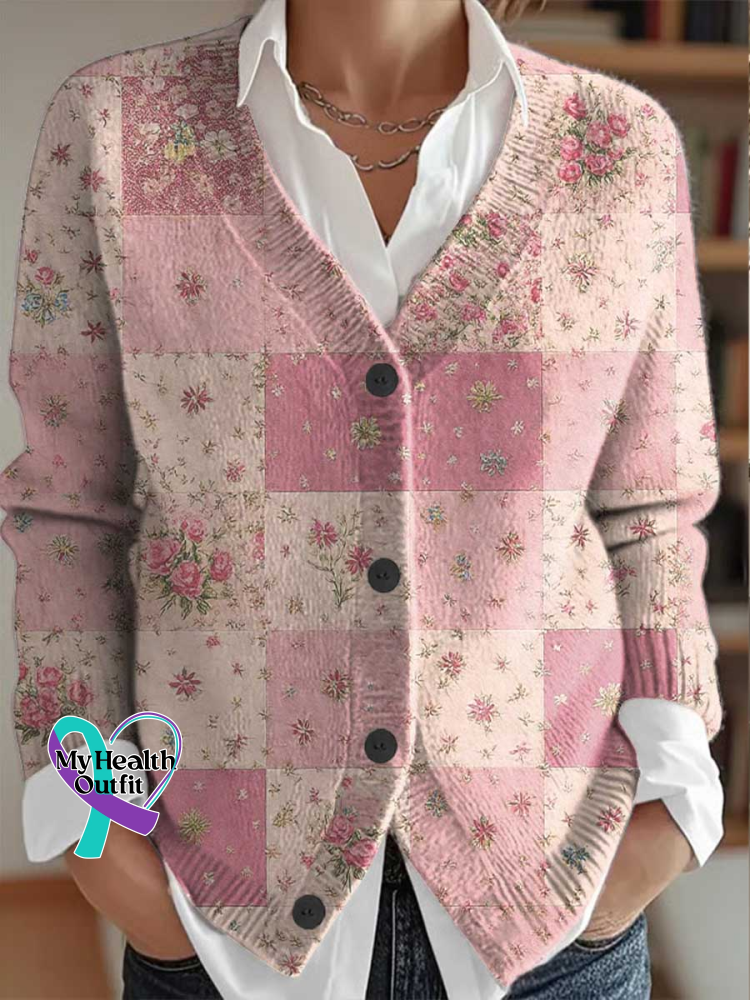 Breast Cancer Awareness Floral Print Buttoned V neck Cardigan Sweater LightPink / S