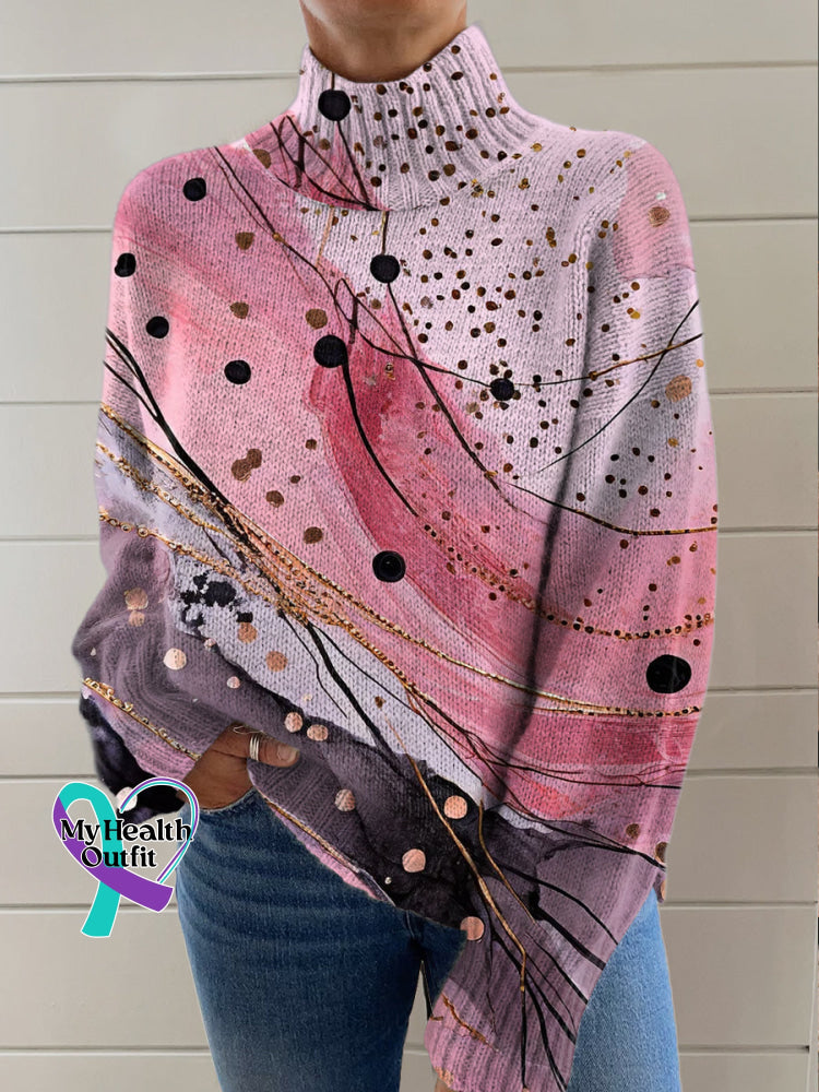 Breast Cancer Awareness Print Knit Turtleneck Pullover Sweater Multicolor / S