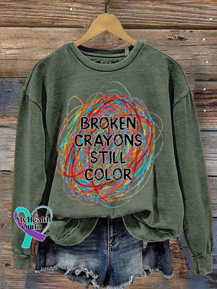 Broken Crayons Still Color Print Casual Sweatshirt Green / S