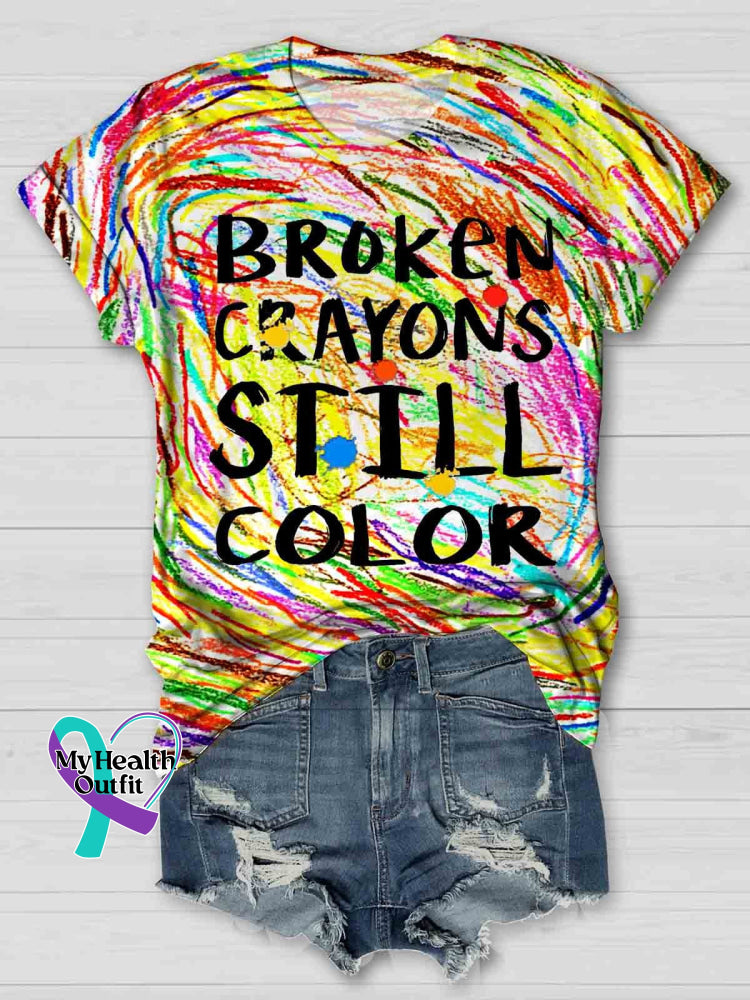 Broken Crayons Still Color Print Casual T-Shirt Multicolor / S