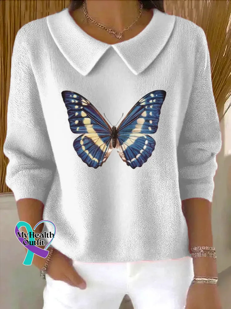 Butterfly Art Print Casual Peter Pan Collar 3/4 Sleeve Sweat White / S