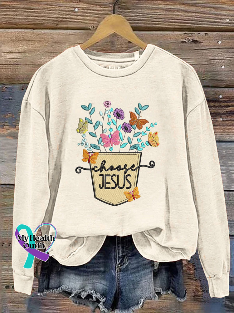 Choose Jesus Crew Neck Long Sleeve Casual Sweatshirt Beige / S