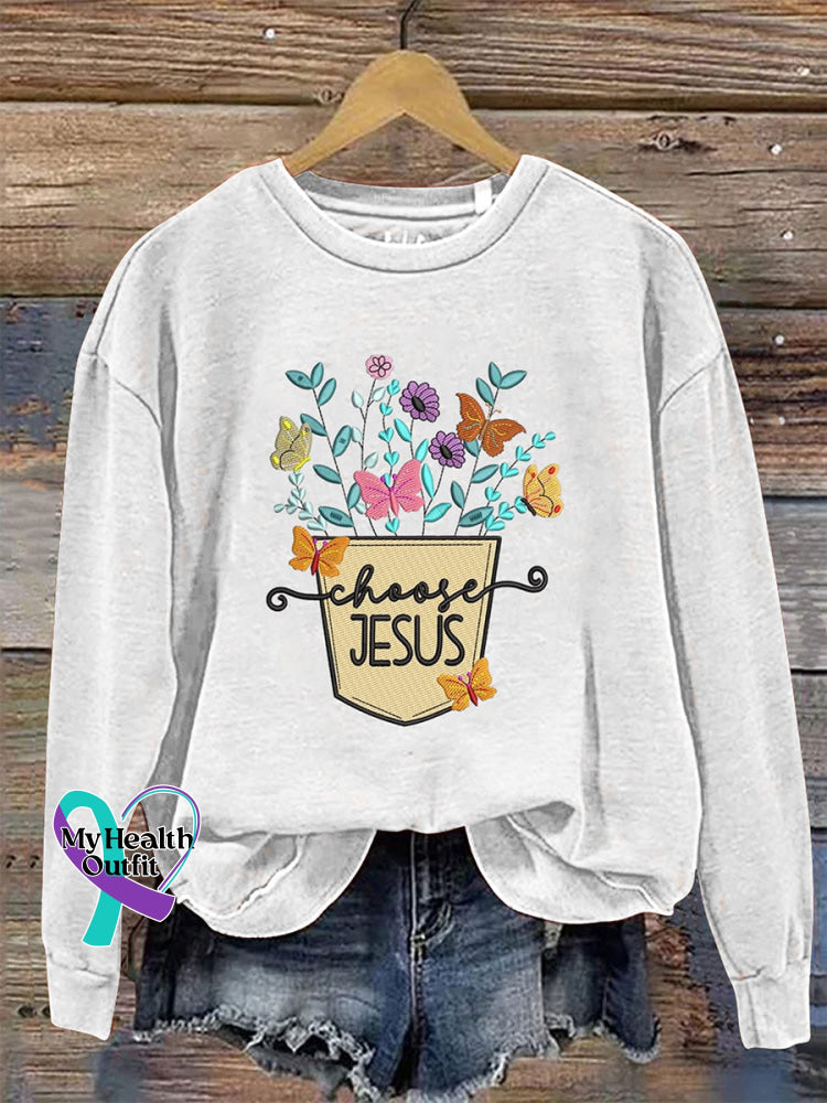 Choose Jesus Crew Neck Long Sleeve Casual Sweatshirt White / S