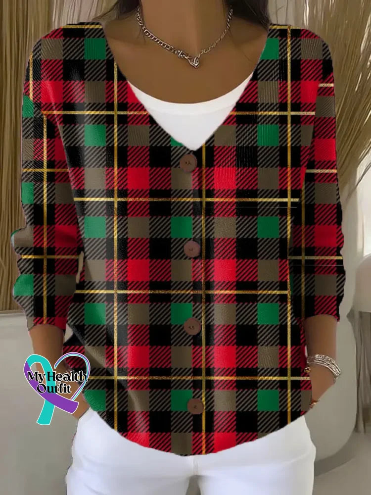 Christmas Art Vintage Buttoned V-neck Cardigan Sweater Multicolor / S