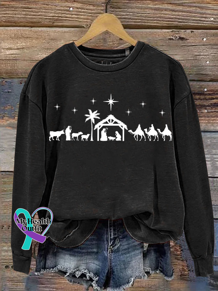 Christmas Jesus Nativity Scene Casual Print Sweatshirt Black / S