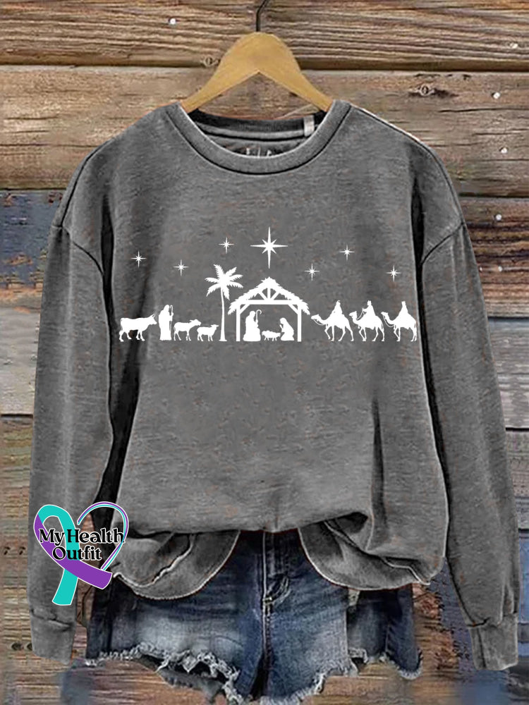 Christmas Jesus Nativity Scene Casual Print Sweatshirt Grey / S