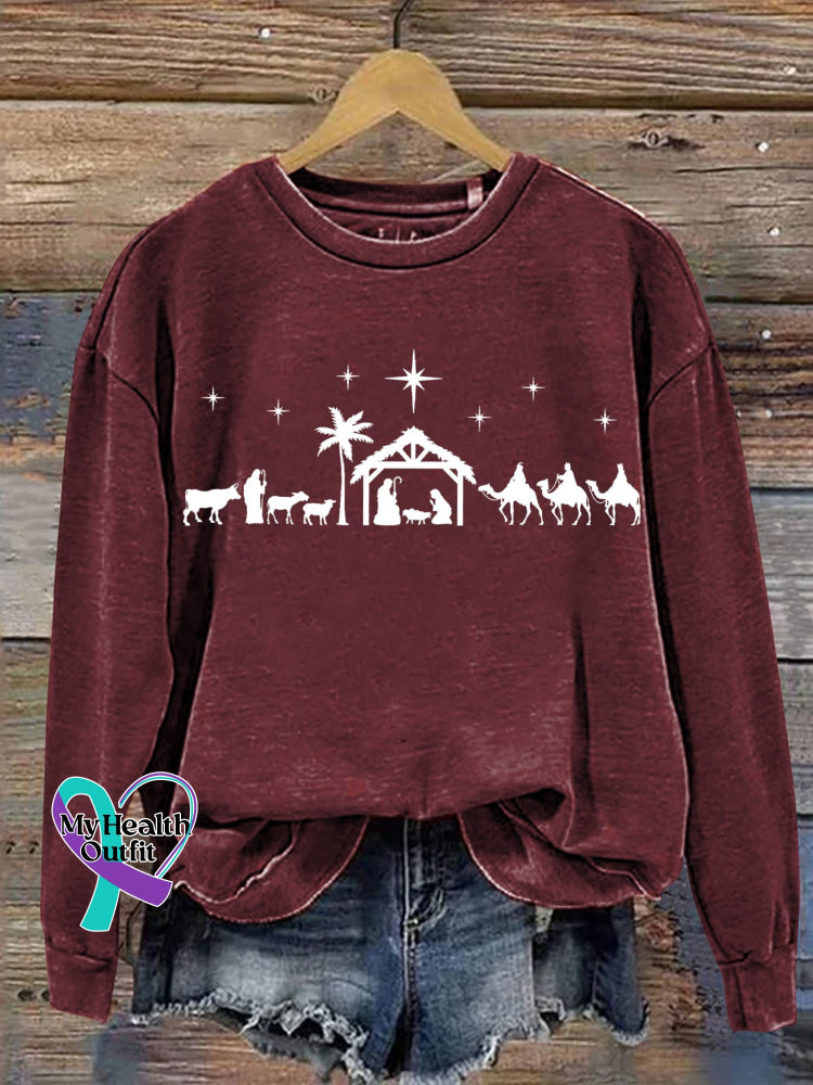 Christmas Jesus Nativity Scene Casual Print Sweatshirt Maroon / S