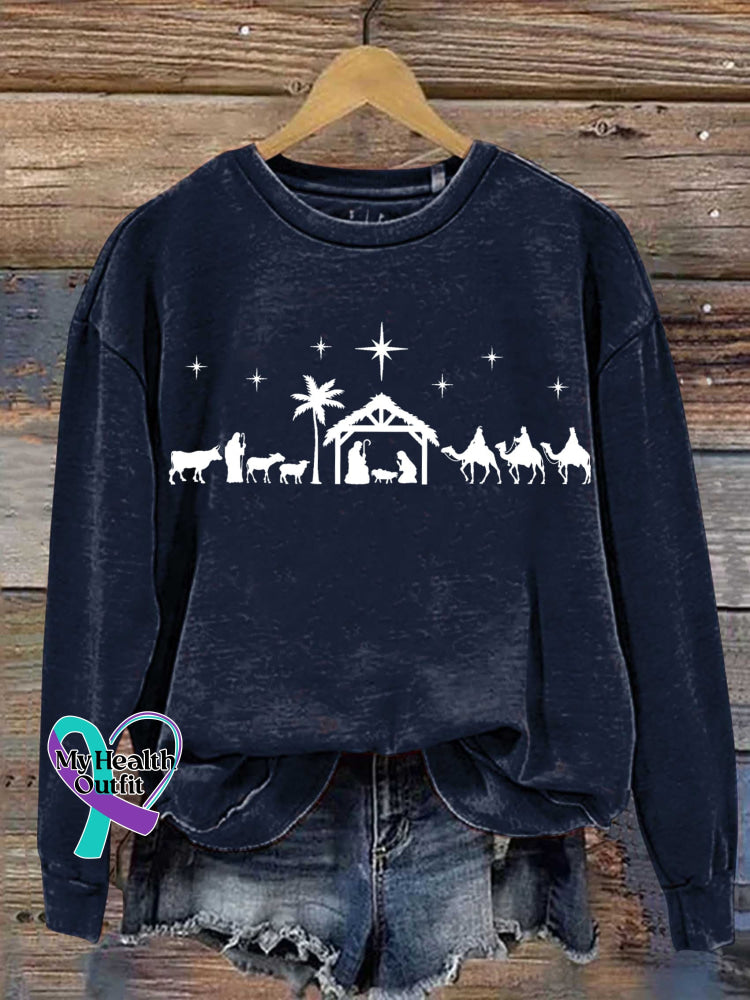 Christmas Jesus Nativity Scene Casual Print Sweatshirt Navyblue / S