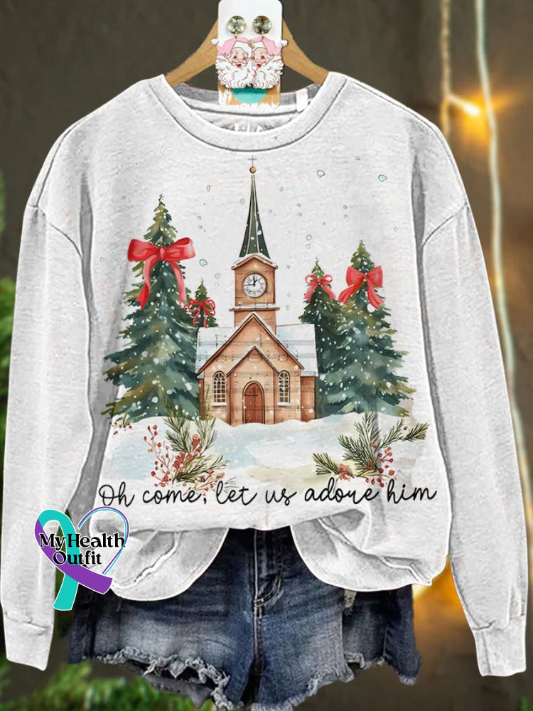 Christmas Oh Come Let Us Adore Him Jesus Casual Sweatshirt White / S