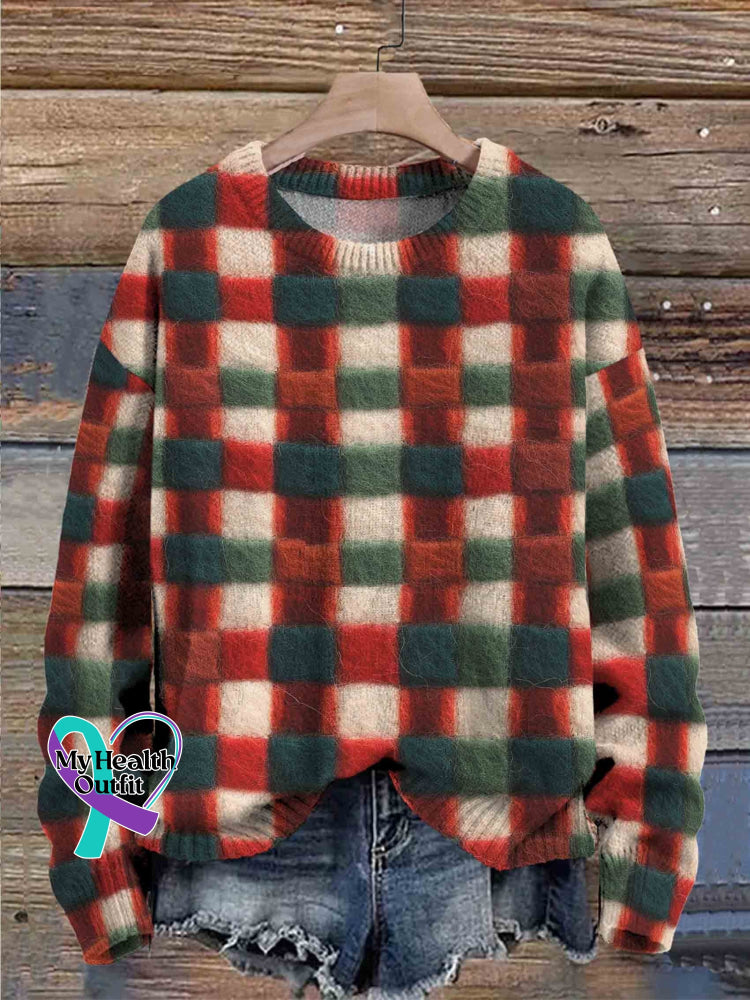 Christmas Plaid Art Print Knit Pullover Sweater Multicolor / S
