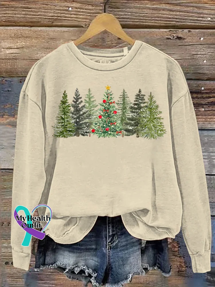 Christmas Tree Art Print Casual Cotton Sweatshirt Apricot / S