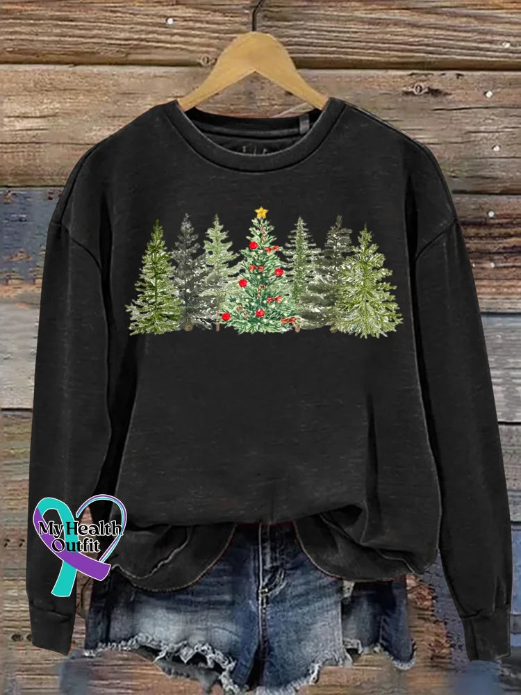 Christmas Tree Art Print Casual Cotton Sweatshirt Black / S