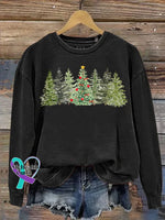 Christmas Tree Art Print Casual Cotton Sweatshirt Black / S