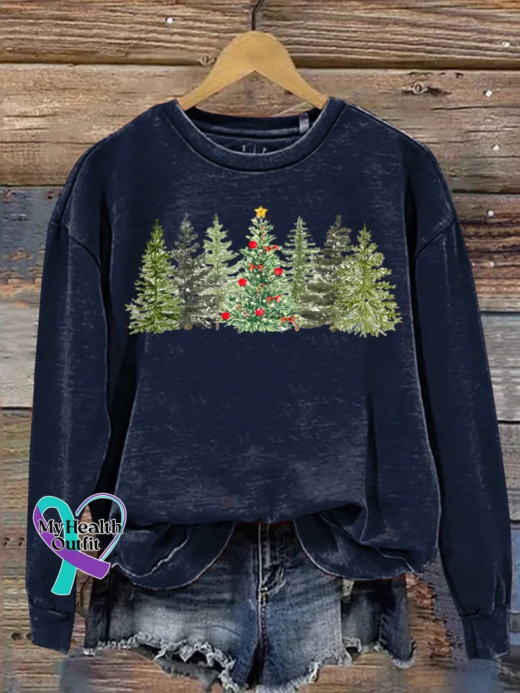 Christmas Tree Art Print Casual Cotton Sweatshirt Blue / S