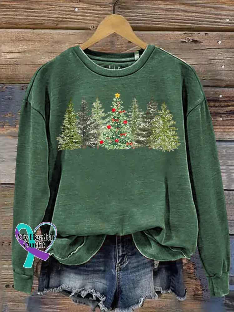 Christmas Tree Art Print Casual Cotton Sweatshirt Green / S