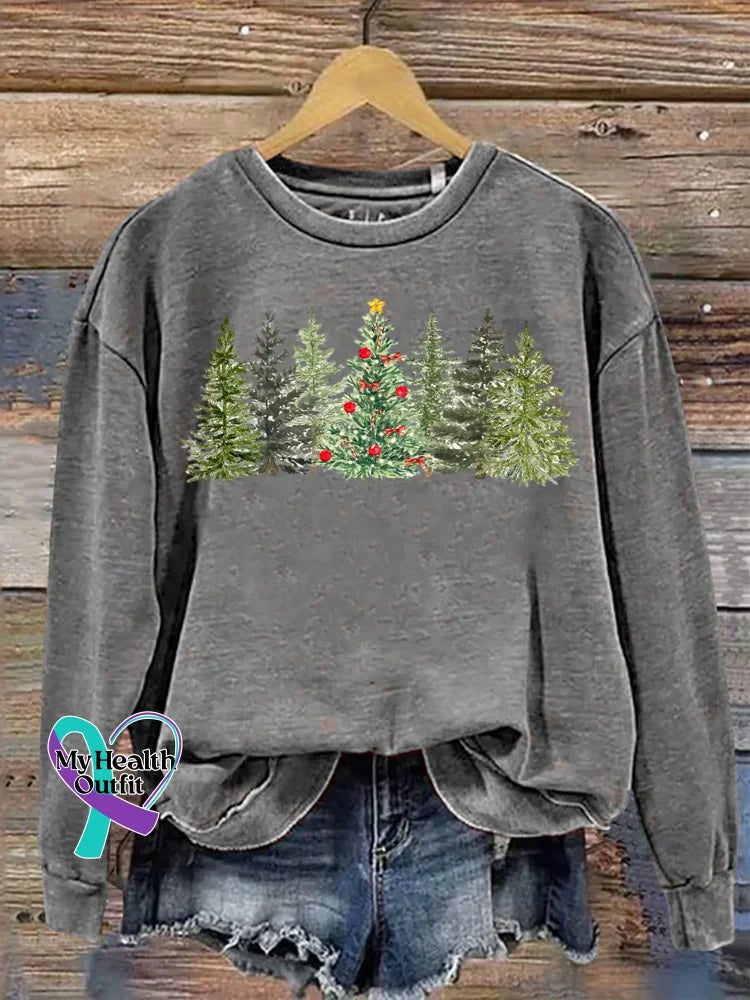 Christmas Tree Art Print Casual Cotton Sweatshirt Grey / S