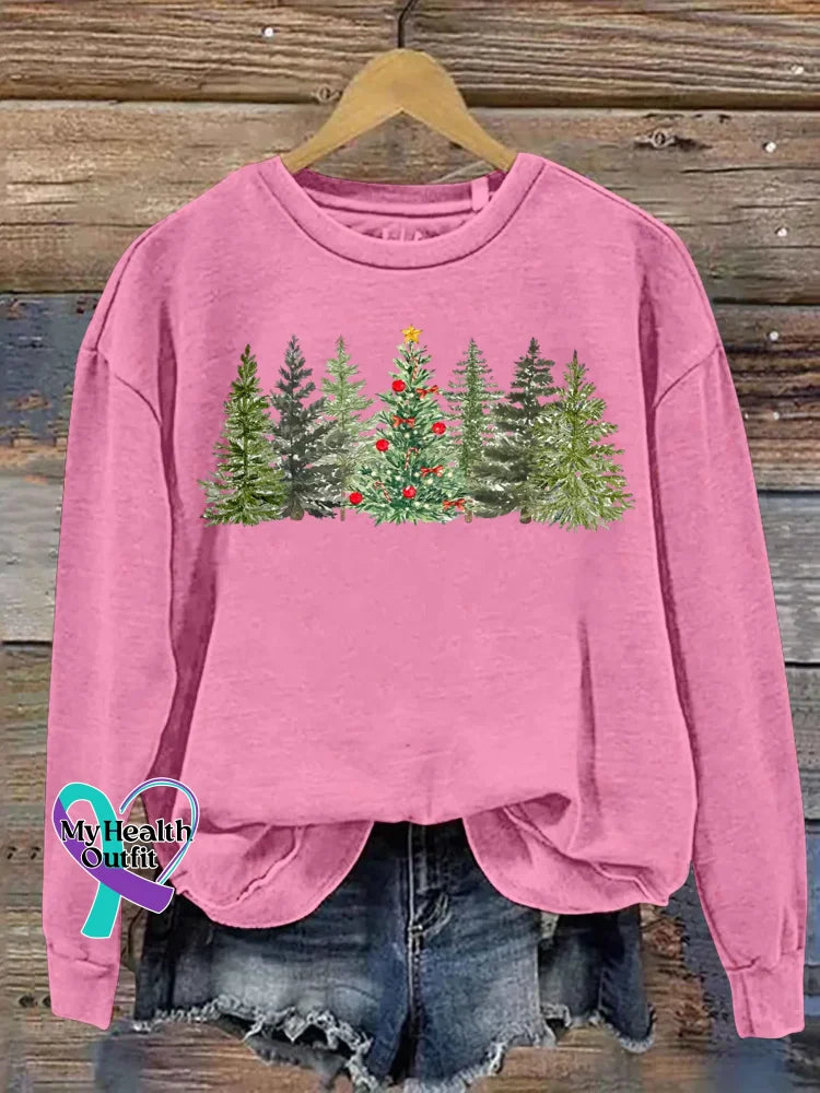 Christmas Tree Art Print Casual Cotton Sweatshirt Pink / S