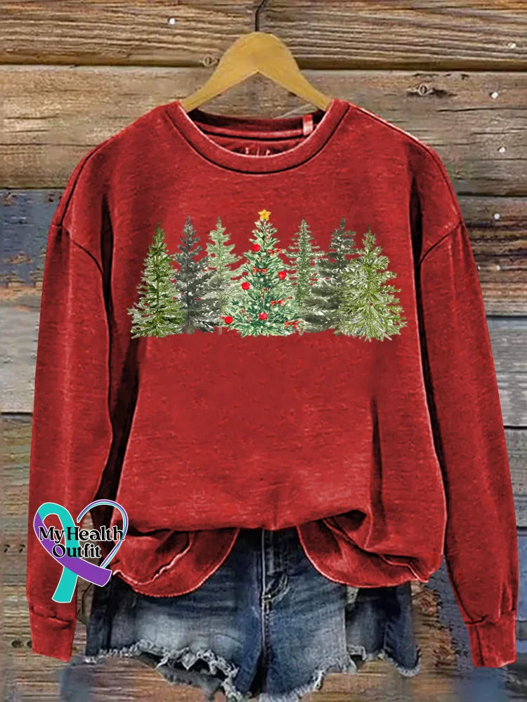 Christmas Tree Art Print Casual Cotton Sweatshirt Red / S